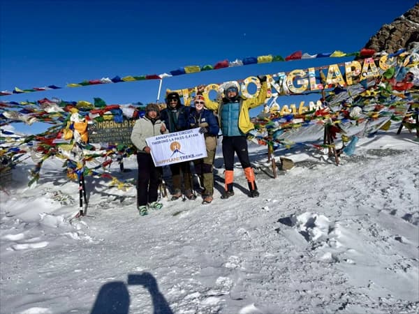 Thorong la pass Annapurna circuit trekking in October in Nepal