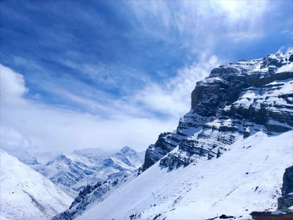 Snowing on the Annapurna circuit trek near by Thorong high camp in Nepal